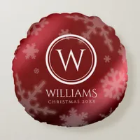 Festive Red Foil Snowflakes Monogram Name Round Pillow