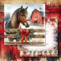 Festive Horse and Red Rustic Barn Christmas Holiday Card