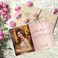 Birthday rose gold blush drips photo thank you card