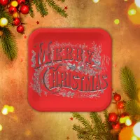 Merry Christmas - Vintage Style Black on Red | Paper Plates