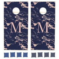 Chic Navy Blue and Rose Gold Foil Marble Monogram Cornhole Set