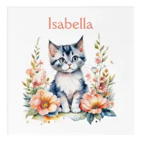 Personalized Gray Kitten in Pink Flowers Acrylic Print