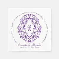 Monogram Crest Old Print Royal Purple Wedding Napkins