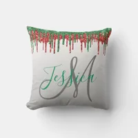 Christmas Glitter Dripping Monogram Red and Green Throw Pillow