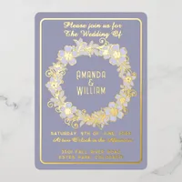 Minimalist Gold Floral Wreath on Muted Blue Bg Foil Invitation