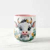 Cute little girl cow in flowers  Two-Tone coffee mug