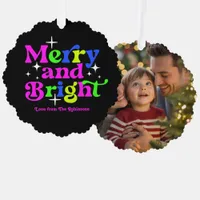 Neon Holiday Merry & Bright Retro Christmas Photo Ornament Card