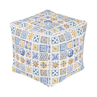 Blue White Yellow Tiles Pattern Summer Aesthetic  Pouf