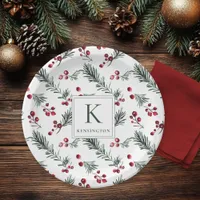 Elegant Christmas Botanical Monogram Paper Plates