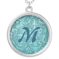 Monogram Brussels Lace Sea Blue Pattern Vintage Silver Plated Necklace