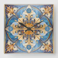 Baroque Floral Tile Pat#18 Sky Blue Gold ID1078 Square Wall Clock