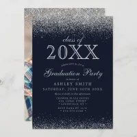 Silver Glitter Navy Blue Photo Graduation Invitation