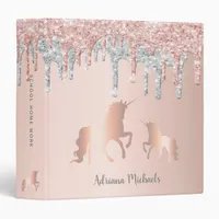 Unicorn rose gold glitter pink silver monogram 3 ring binder