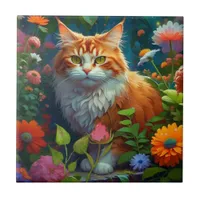 Cute Orange Cat in Flowers  Ceramic Tile