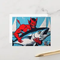 Retro Art Devil With A Tunafish the Beach Grunge Postcard