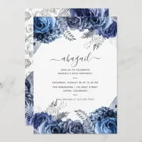 Navy and White with Silver Foil Floral Birthday Invitation