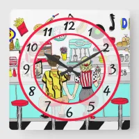 1950's Couple Holding Hands at  Diner  Square Wall Clock