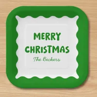 Retro Bold Wavy Green Funky Custom Merry Christmas Paper Plates
