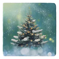 Beautiful Christmas Tree with Snow and Gold Lights Trivet