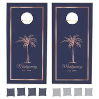 Rose Gold Copper Foil Palm Tree Name Date Elegant Cornhole Set