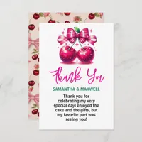 Watercolor Coquette Cherry 1st Birthday Party Thank You Card