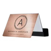 Rose Gold Brushed Metal Monogram Elegant Desk Business Card Holder