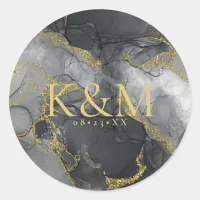 Moody Ink Charcoal Gold Abstract ID988 Classic Round Sticker