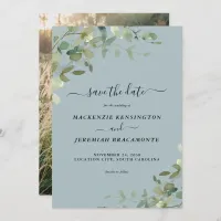 Dusty Blue Eucalyptus Wedding Photo Save the Date