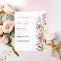 Summer party garden flowers pink purple invitation