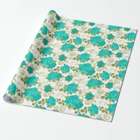 Teal Blue Rose Floral  Wrapping Paper