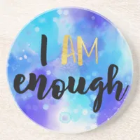 I Am Enough Blue Watercolor Spiritual Text Coaster