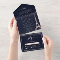 Paris Eiffel Tower Rose Gold Sparkle Wedding All I All In One Invitation