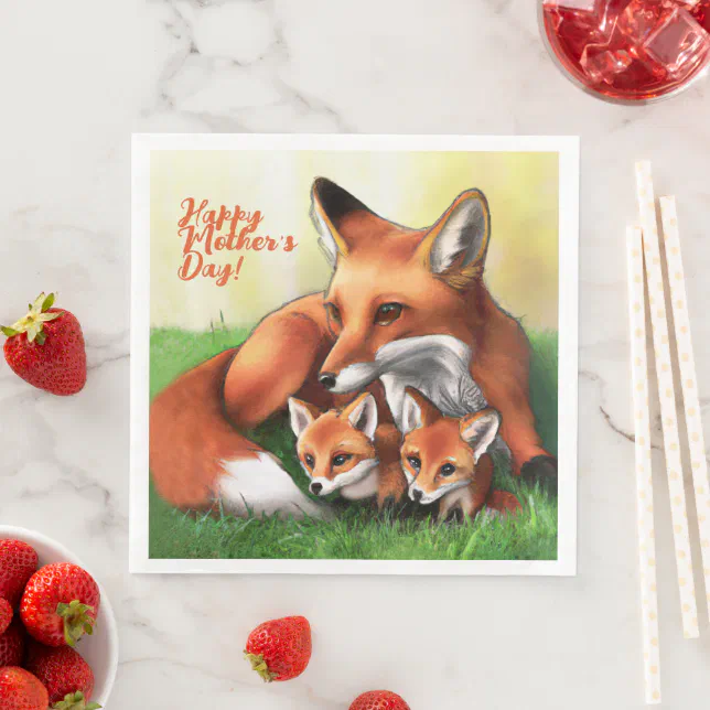 Red Fox Mother and Kits in the Grass Paper Dinner Napkins