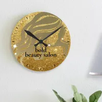 Beauty Salon Custom Name Gold Metallic and Glitter Round Clock