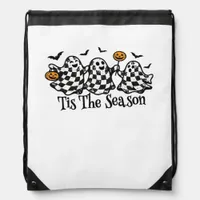 Retro Tis The Season Checkered Halloween Drawstring Bag