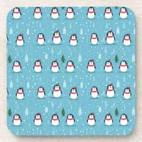 Cute Penguins on Light Blue with Snowflakes  Beverage Coaster