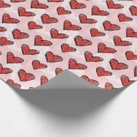 Cute Kid's Art Style Red Hearts on Pink Watercolor Wrapping Paper