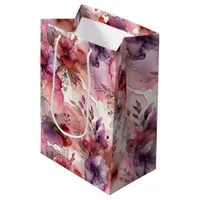 Pink Purple Floral Alcohol Ink Style Wine, Small, Medium Gift Bag