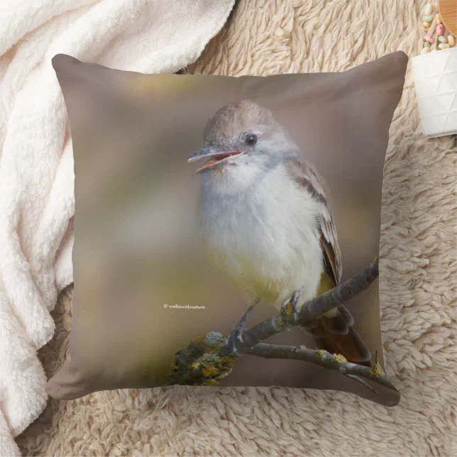 Smiling Ash-Throated Flycatcher on Hawthorn Branch Throw Pillow