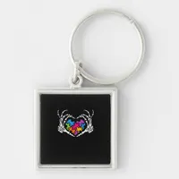 Autism Awareness s s Skeleton Hand Heart Puzzle Pi Keychain