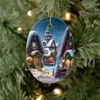 Charming snowy Christmas village custom  Ceramic Ornament