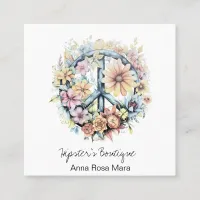 *~*  Peace Sign AP57 Boho Retro Vintage Flowers QR Square Business Card