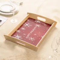 White Snowflakes Red Large Serving Tray