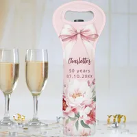 Pink bow florals bloom birthday party wine bag