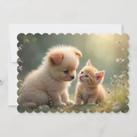 Best friends - cute puppy and kitten in the grass holiday card