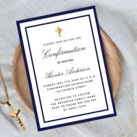 Confirmation boy royal blue white minimalist invitation postcard