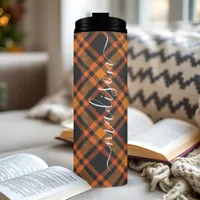 Orange Plaid Autumn Fall Signature Script Name Thermal Tumbler