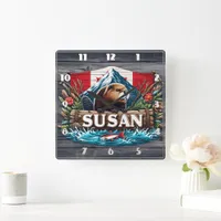 Rustic Beaver by Snowy Mountain Square Wall Clock