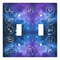 Twelve Grey Zodiac Symbols on blue galaxy | Light Switch Cover