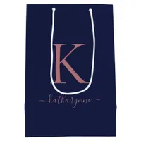 Elegant Navy Blue Pink Rose Gold Monogram Name Medium Gift Bag